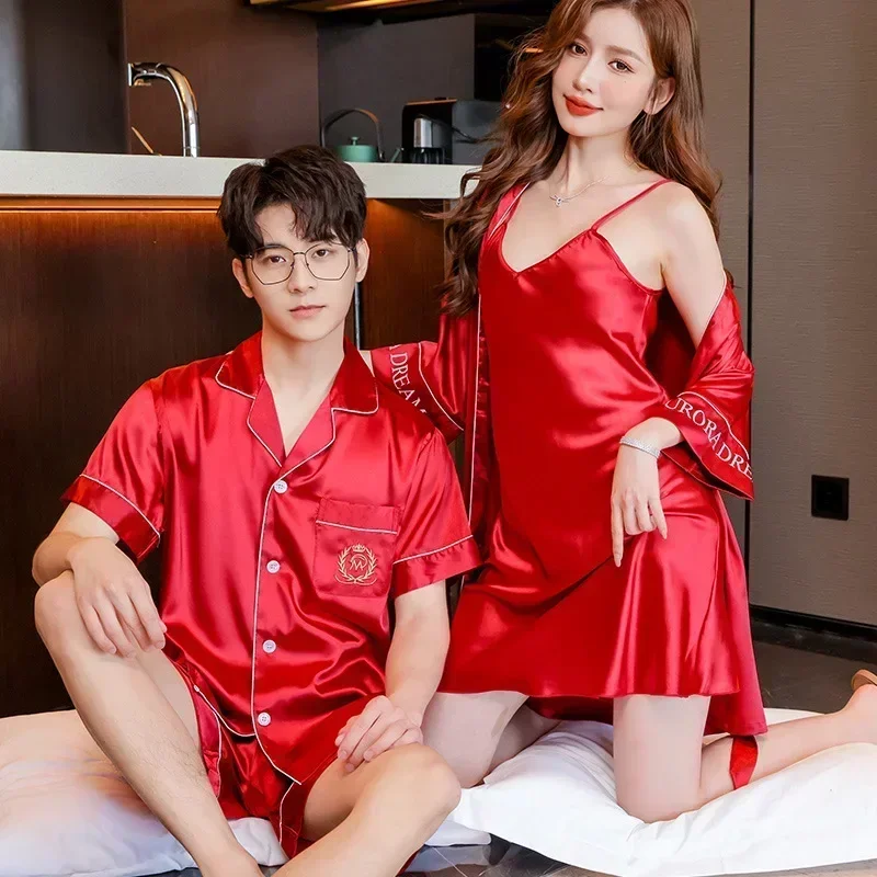 Solid Color Sleepwear Silk Satin Pajamas Couple Set Long Button-Down Pyjamas Suit Pijama Women Men Loungewear Plus Size Pj Set