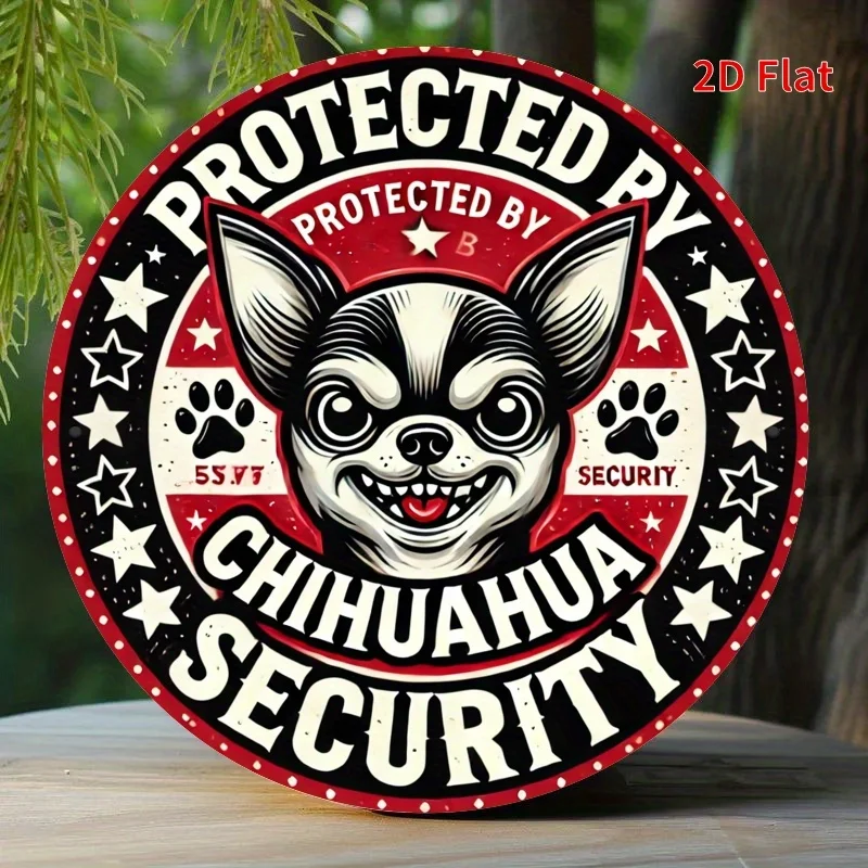 Protected by Chihuahua Security Metallschild – lustige Wachhunddekoration mit roten Sternen, süßes Chihuahua-Gesicht für Zuhause, Büro, Ga
