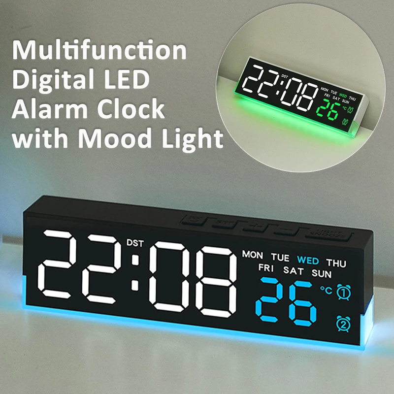 USB-betriebener digitaler Wecker mit Stimmungslicht, 2 Alarme, Temperatur, Datum, Wochenanzeige, Schlummer-Tischuhr, elektronische LED-Uhr