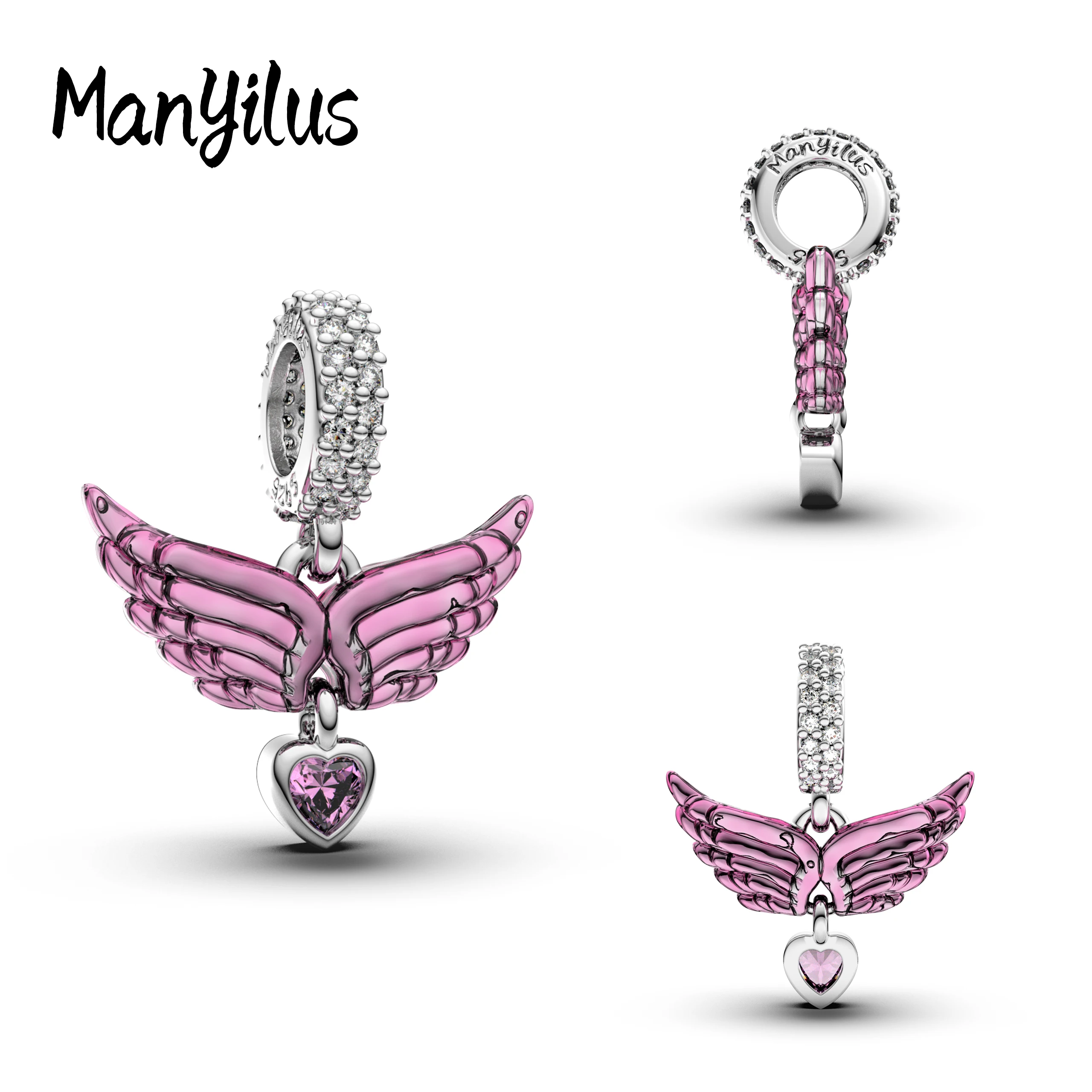 Manyilus S925 Silver Pink Angel Wings Heart Charm for Original Bracelet Cute Romantic Jewelry Pendant DIY Sweet Guardian Gift