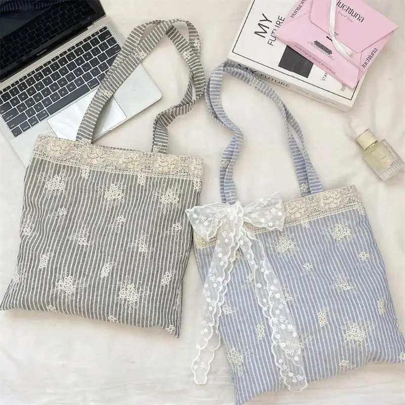 Große Tragetasche mit Spitze und Schleife im Koreanischen Stil, Einfache Canvas-Handtasche, Kawaii Stofftasche mit Großer Kapazität für Reisen – Detail 1
