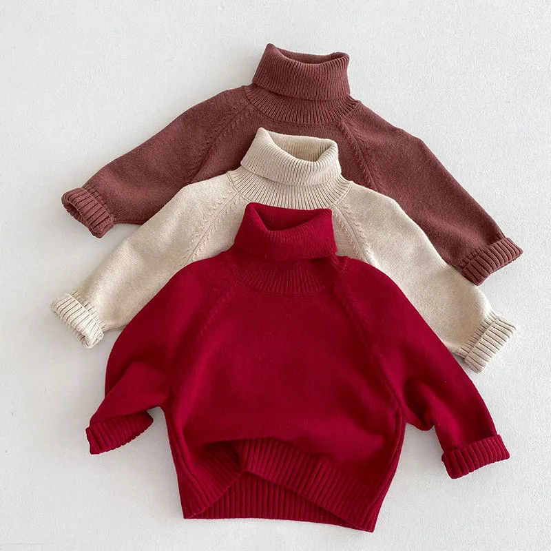 

2024 New Autumn Kids Sweater Baby Long Sleeves Solid Color High Collar Casual Loose Pullover Sweater Children Knitting Clothing