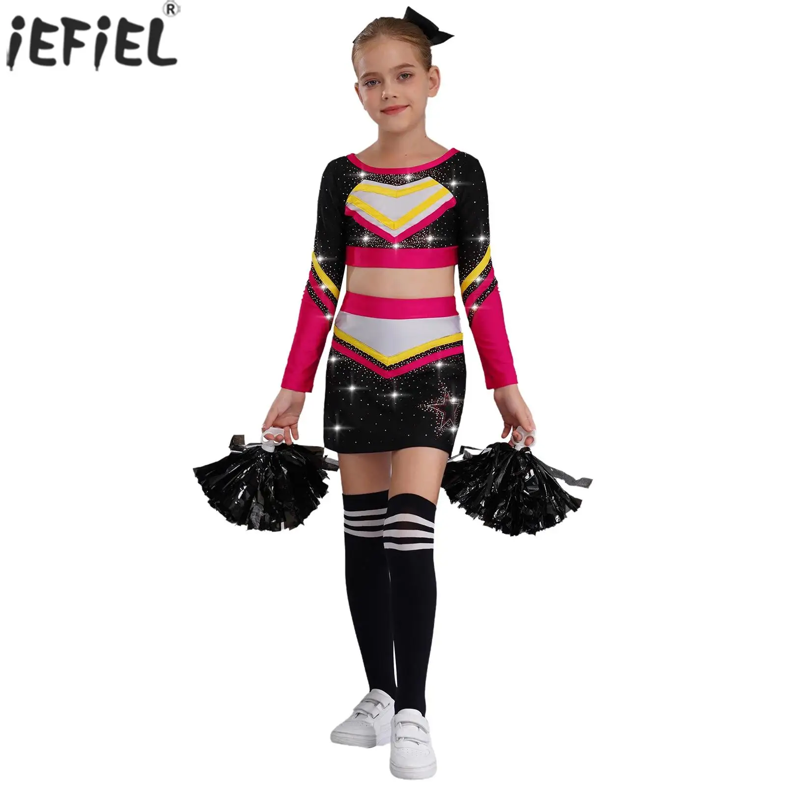 Kids Girls School Cheerleading Uniform Long Sleeve Shiny Rhinestones Crop Top with Skirt Flower Balls Cheerleader Dance Costume