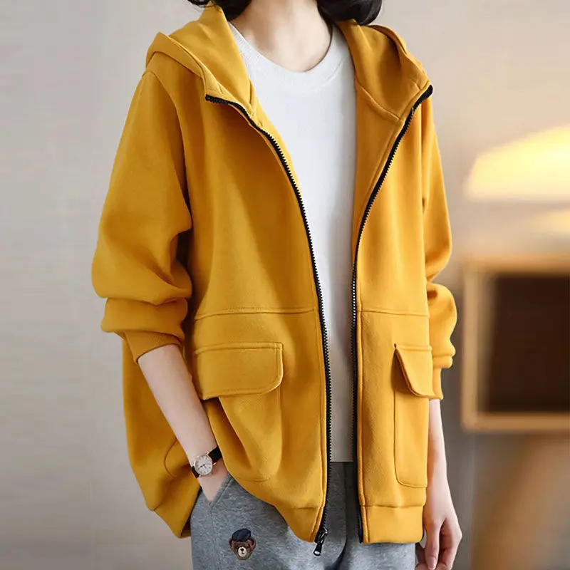 2023 spring women pure colour Hooded jacket female simple literary temperament casual Joker loose slim Korean coat Thin cardigan