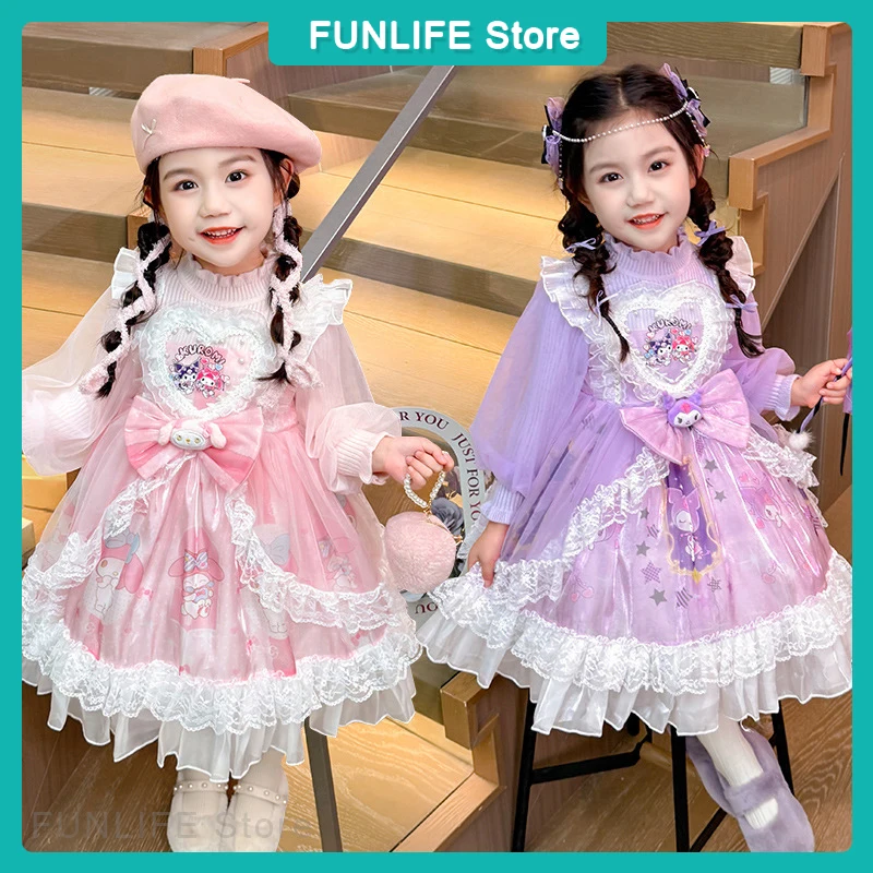 Melody Kuromi Lolita Puff Dress Princess Dress 2025 Girl'S Western Style Spring Autumn Lace Skirt Children Party Dress Kids Gift