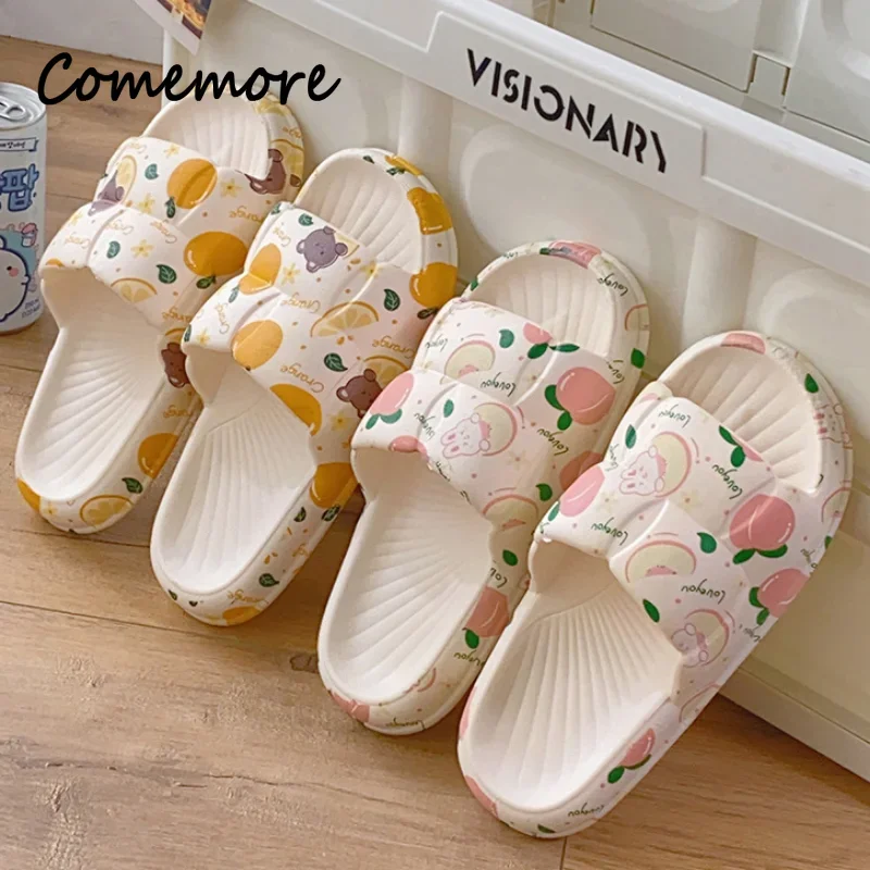 Comemore Women\'s Slippers Home Flip Flops 2024 Summer Slipper Flat EVA Sandals Platform Women Cartoon Sweet Strawberry Rabbit 40