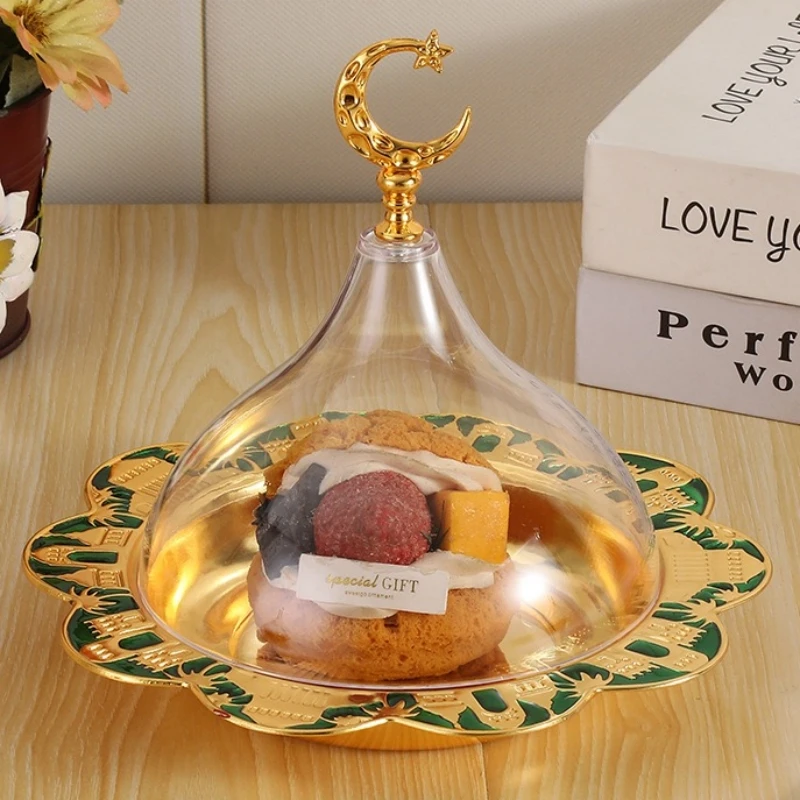 Eid al-Fitr Circle Shape Fruit Tray,Golden With lid Acrylic Alloy Tea Disc Home Cheese Food Plate,Snack Disc Table Decoration