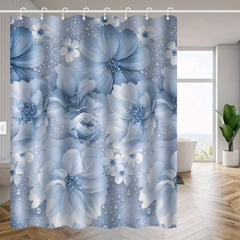 

1 шт. синяя занавеска для душа с цветочным принтом, полиэфирная ткань, можно стирать в машине, с крючками, подходит для украшения ванной комнаты