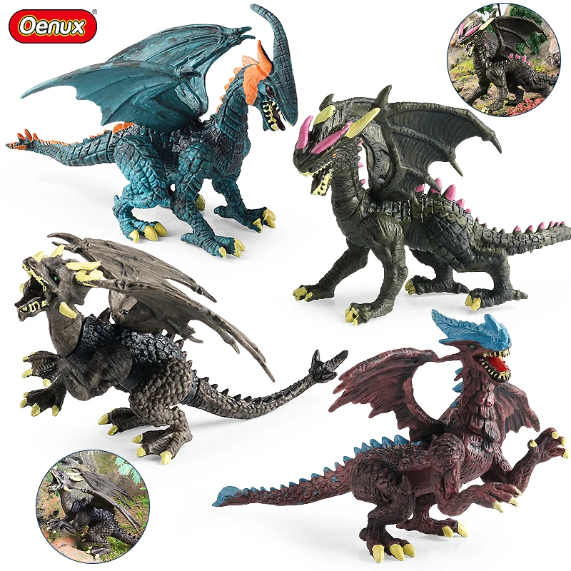 Oenux-Flying Magic Dragon Action Figures para crianças, monstros rotativos, dinossauros, animais de brinquedo, modelo PVC, coleção, presente de Natal, 4 pçs/set