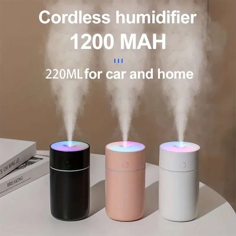 Humidificador de aire portátil recargable por Usb, luz LED mini 220ml h2o, humidificador de niebla en aerosol, difusor de aceites esenciales para coche