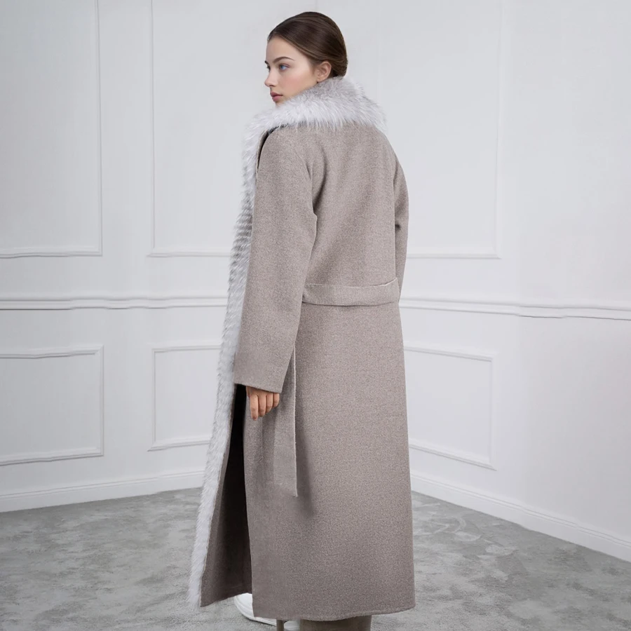 معطف طويل من الصوف المخلوط مع حواف فرو الثعلب سترة شتوية نسائية معطف فرو الثعلب الحقيقي معاطف صوف فاخرة للنساء