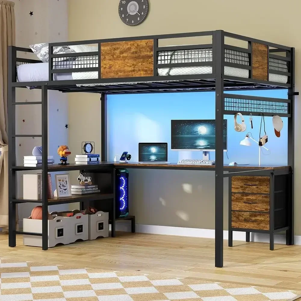 L-Shaped Desk Loft Bed with Storage Drawers, Shelves, Power Outlet, Safety Rail, and RGB Lights, Rustic Brown