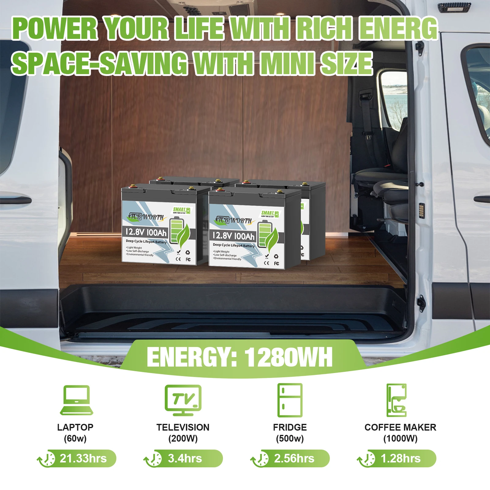 TCBWORTH 12V 100Ah LiFePO4-Lithiumbatterie mit 100A BMS, Low-Temp-Schutz, 7000+ Zyklen für Trolling-Motoren, Wohnmobile, Solarsysteme – Detail 5