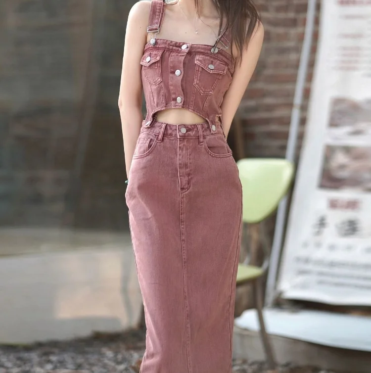 

Cowboy vest split half skirt two-piece set