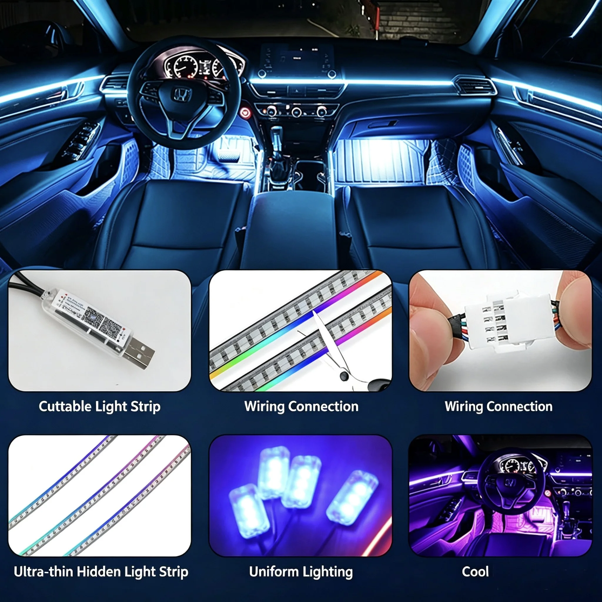 Embedded RGB Hidden Car Streamer Ambient Lighting Kit APP Bluetooth Control Interior Neon Light for Honda Toyota USB Powered