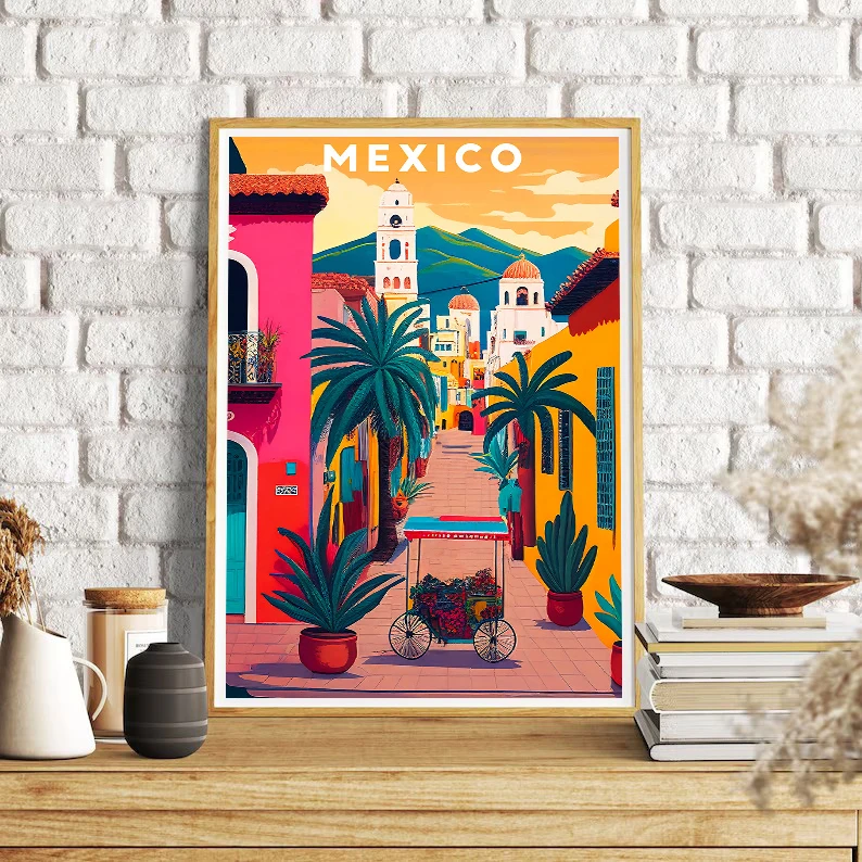 Vintage Abstract Mexico Travel Illustration Latin American Floral Cactus Poster Canvas Painting Wall Art Pictures Home Decor