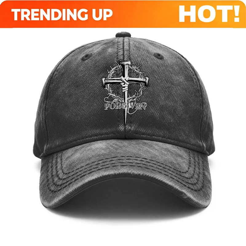 1pc of Vintage Washed Unisex Baseball Caps Featuring a Cross with a Crown of Thorns And The Word 'Forgiven'. It Has a Retro