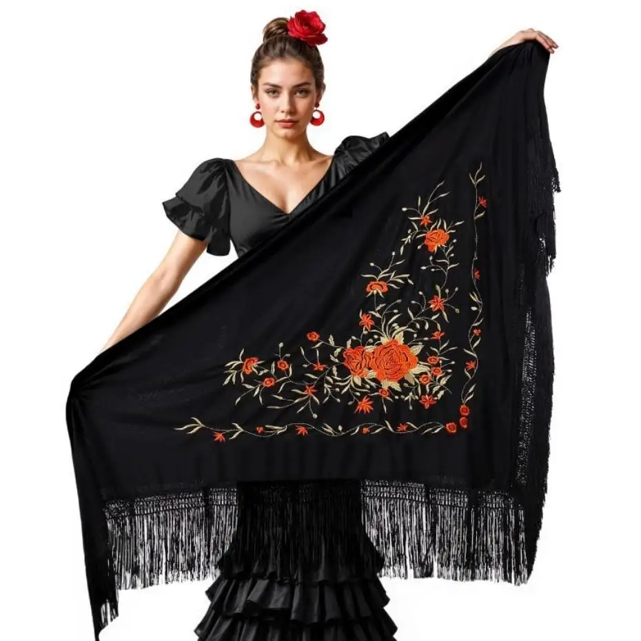 شال ذهبي أحمر أبيض مطرز باللون الأسود لحفلات الكرنفال