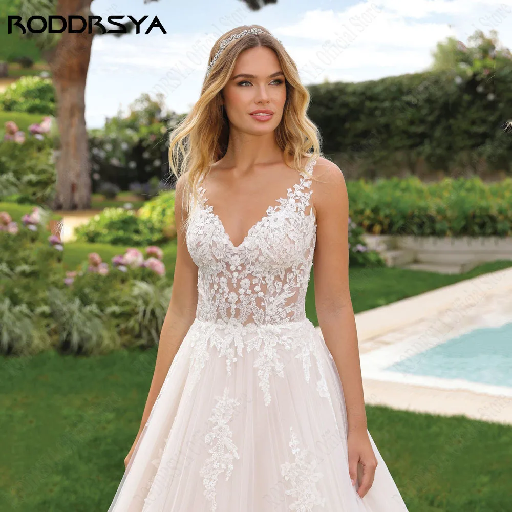 RODDRSYA Lace Vestido De Noiva 2024 Noiva Sem Mangas Backless V-Neck Civil Noiva Vestidos Applique A-Line Tulle Personalizado manto de mariéeRODRSYA Renda Vestido de Noiva 2024 Noiva Sem Mangas Backless V-Neck Civil Br