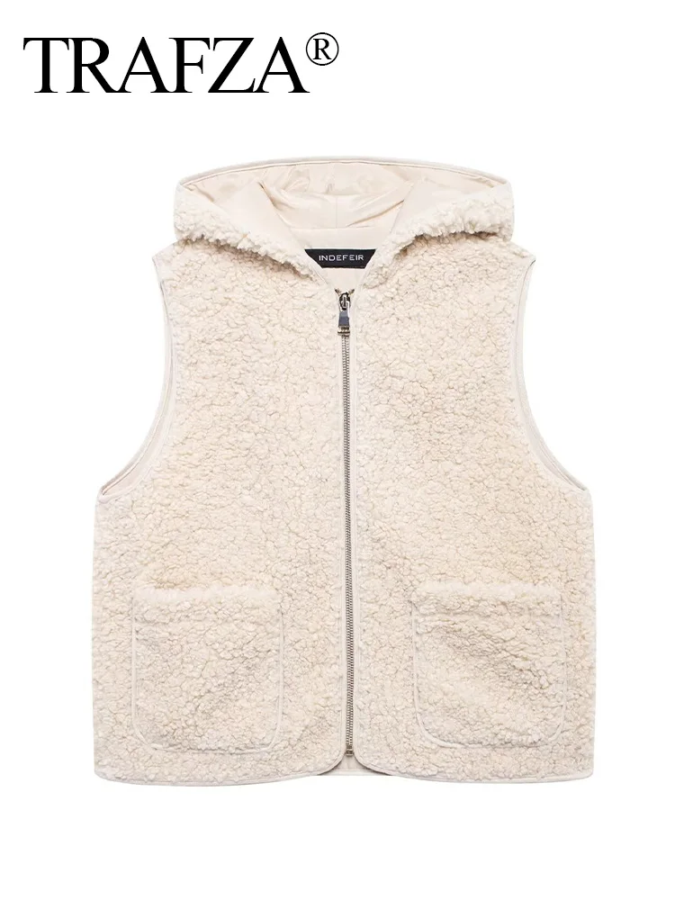 

TRAFZA Women Winter Fashion Warm Hooded Fleece Vest Women's Sleeveless Pockets Decorate Front Zipper Casual Cotton Waistcoat