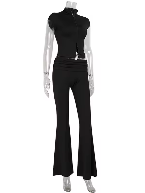 Ahagaga Sexy Women's Sets Short Sleeves Hollow Out Skinny Zipper Basic 2Pcs (Tops+Long Pants) High Street Turtleneck Reacksuits - Image 6