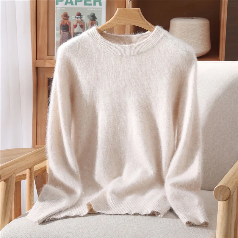 

Solid Color Basics O-Neck Sweater Autumn Winter Women's 100% Mink Cashmere Knitted Pullover Soft Warm Casual Comfort clothing