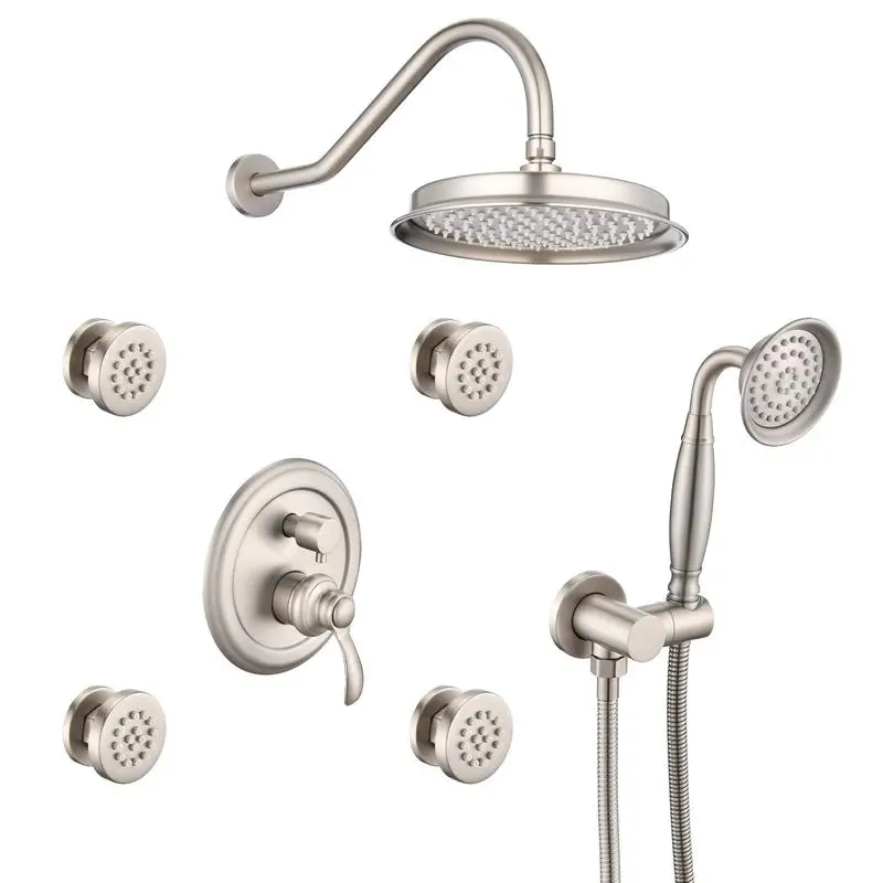 

Single-Handle 4-Spray Pattern Rain Shower Faucet with Body Jet Handheld Shower in Brushed Nickel (Valve Included)