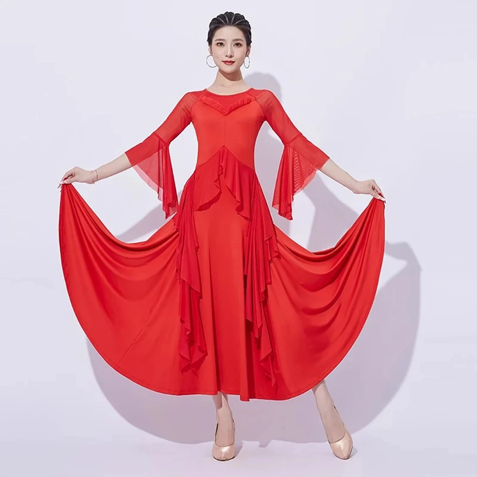 2024 New Lotus Design Half Sleeve Patchwork Ballroom Dance Dress Female Latino Dancing Cloth Belly Tango Performace Costume