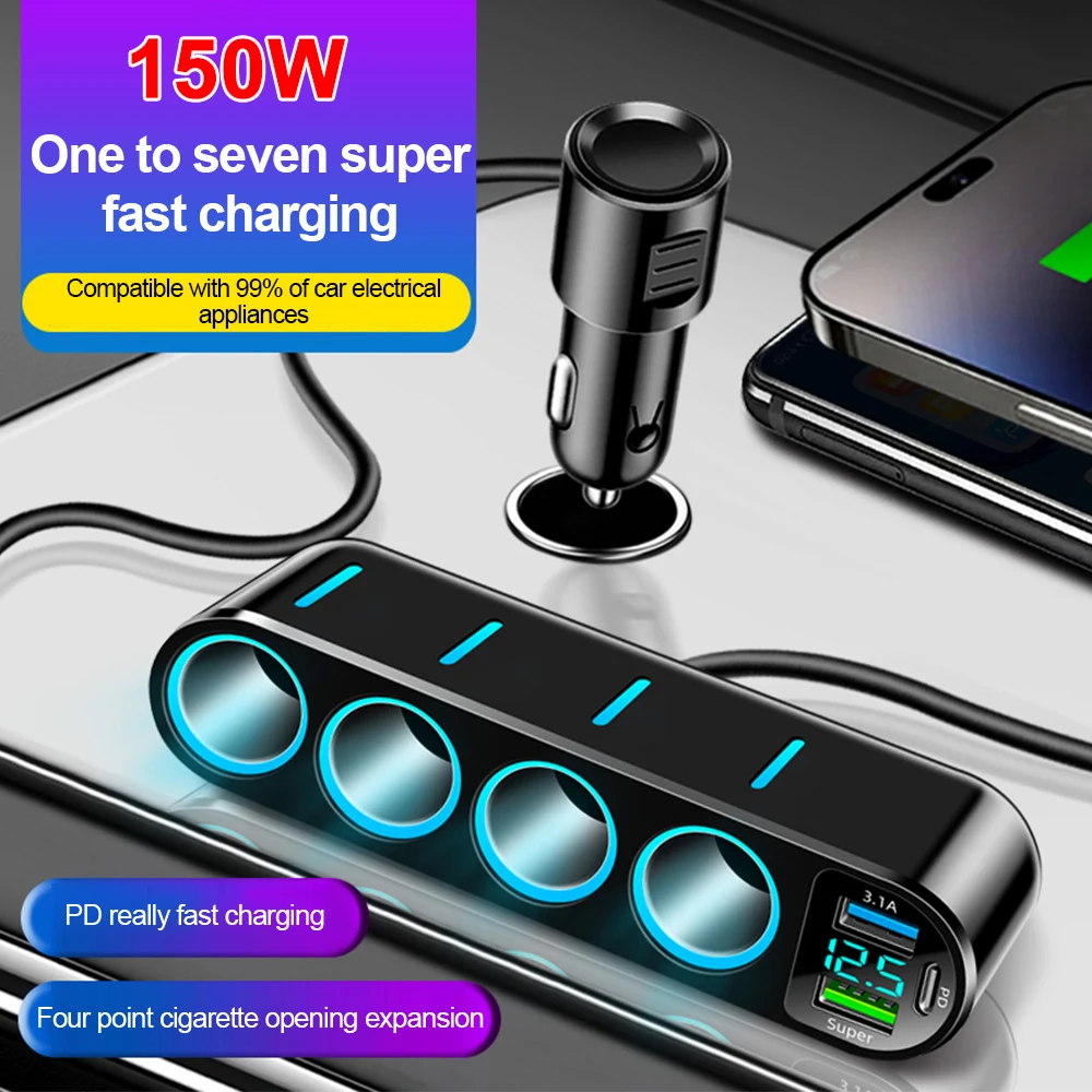 150 W 7 in 1 Auto Ladegerät Adapter Schnelle PD QC 3,0 Buchse Zigarette Leichter Splitter Ladung Multi USB Buchse auto Adapter Zubehör