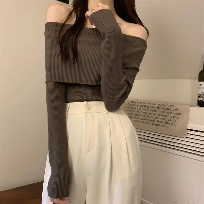 2023 Autumn and Winter Women\'s Long Sleeved Pullover New Off Shoulder Sweater Screw Thread Solid Color Slim Fit Knitted Tops