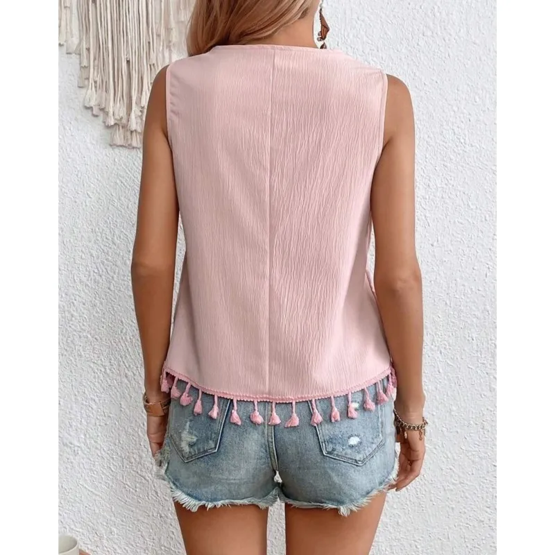 Damen Boho Blusen Sommer Vintage Quaste Tank Top Ärmellos Blumen Die Stickerei V-Ausschnitt Lässige Damenmode T-Shirt Kleidung