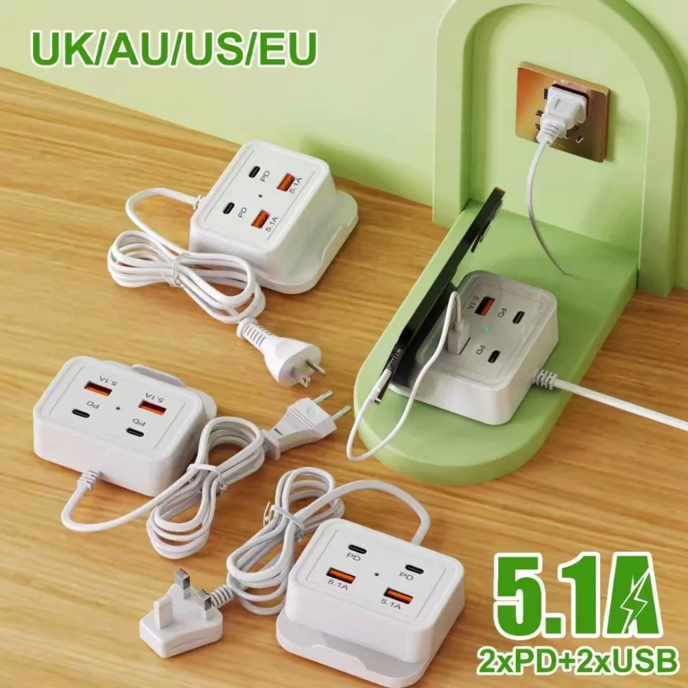 EU US UK Plug AC Outlets Multitap Socket Extension Cord Electrical Power Strip With USB Type C Fast Charging Adapter