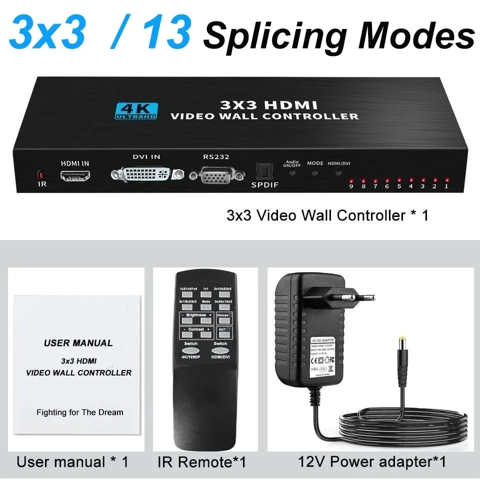 4K 3x3 3 6 9 Screen Video Wall Controller 1x3 1x4 2x3 2x2 HDMI Video Wall Controller 4 Channel Multi Screen Processor TV Splicer