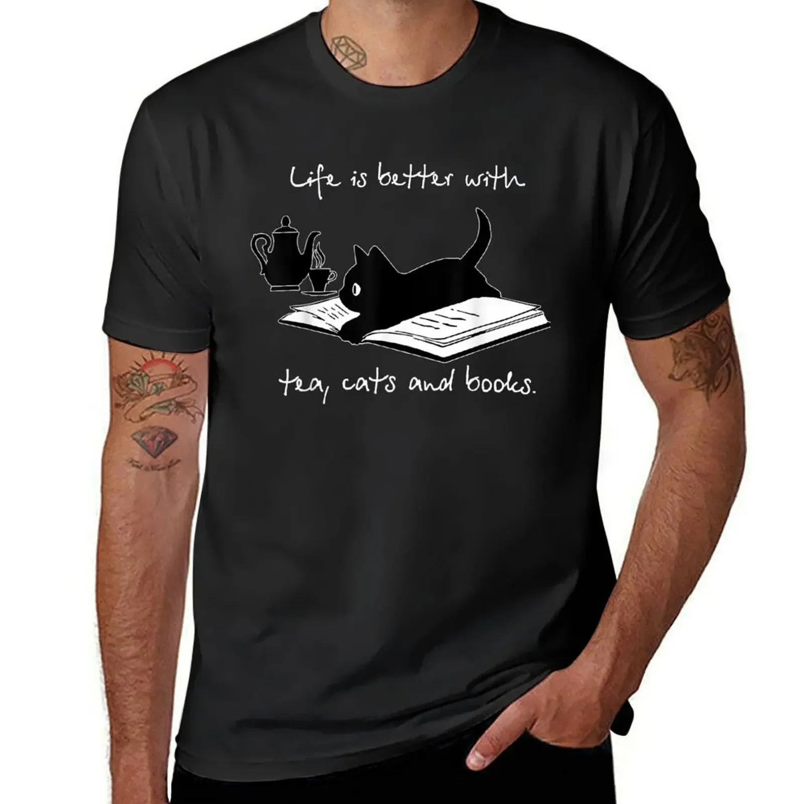 

Life Is Better With Tea Cats And Books T-Shirt man t shirt basketball graphic tees T-shirt men