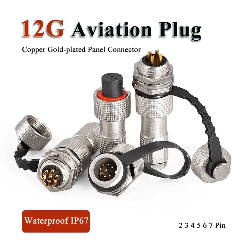 

Waterproof 12G Aviation Plug Socket Copper Gold-plated 2 3 4 5 6 7 Pin Panel Connector IP67 Metal 12mm Male Female Connectors