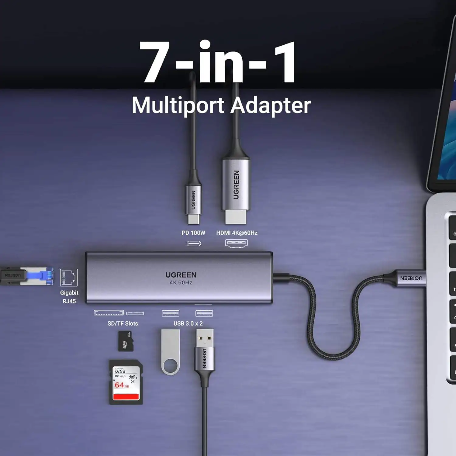 UGREEN Revodok 7 in 1 USB C Hub Gigabit Ethernet Adapter 4K 60Hz-HDMI, 100W PD Charging, USB a Data Ports, SD/TF Card Reader