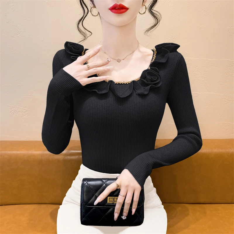 Doce emenda de madeira orelha longa sve camisola de malha feminina início do outono fino gola quadrada base irt único bonito topo