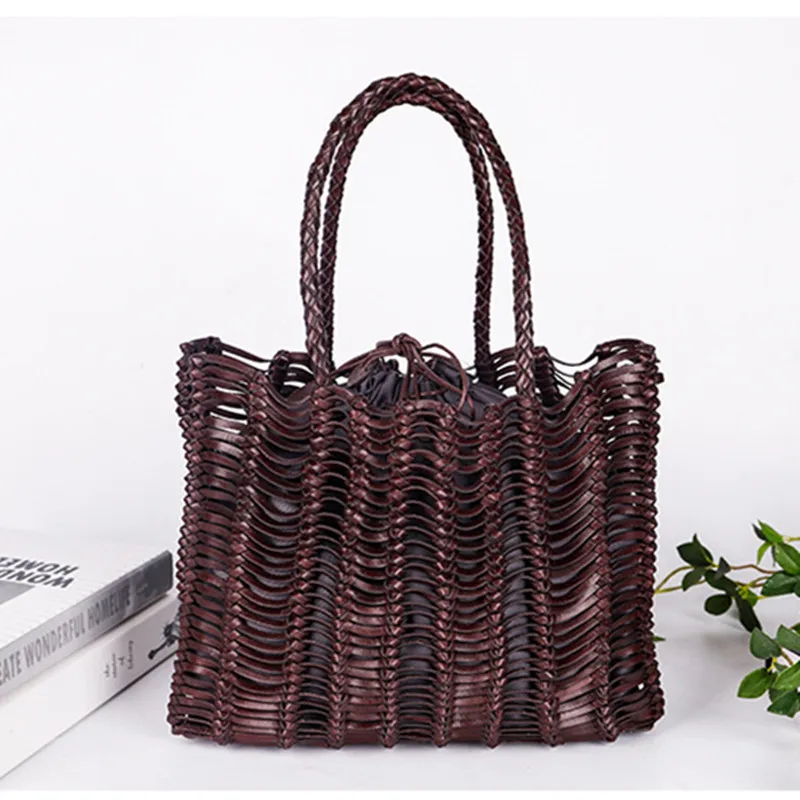 Retro Japanese and Korean style  cowhide handmade hollow woven handbag female leather handbag soft light 2023 summer new