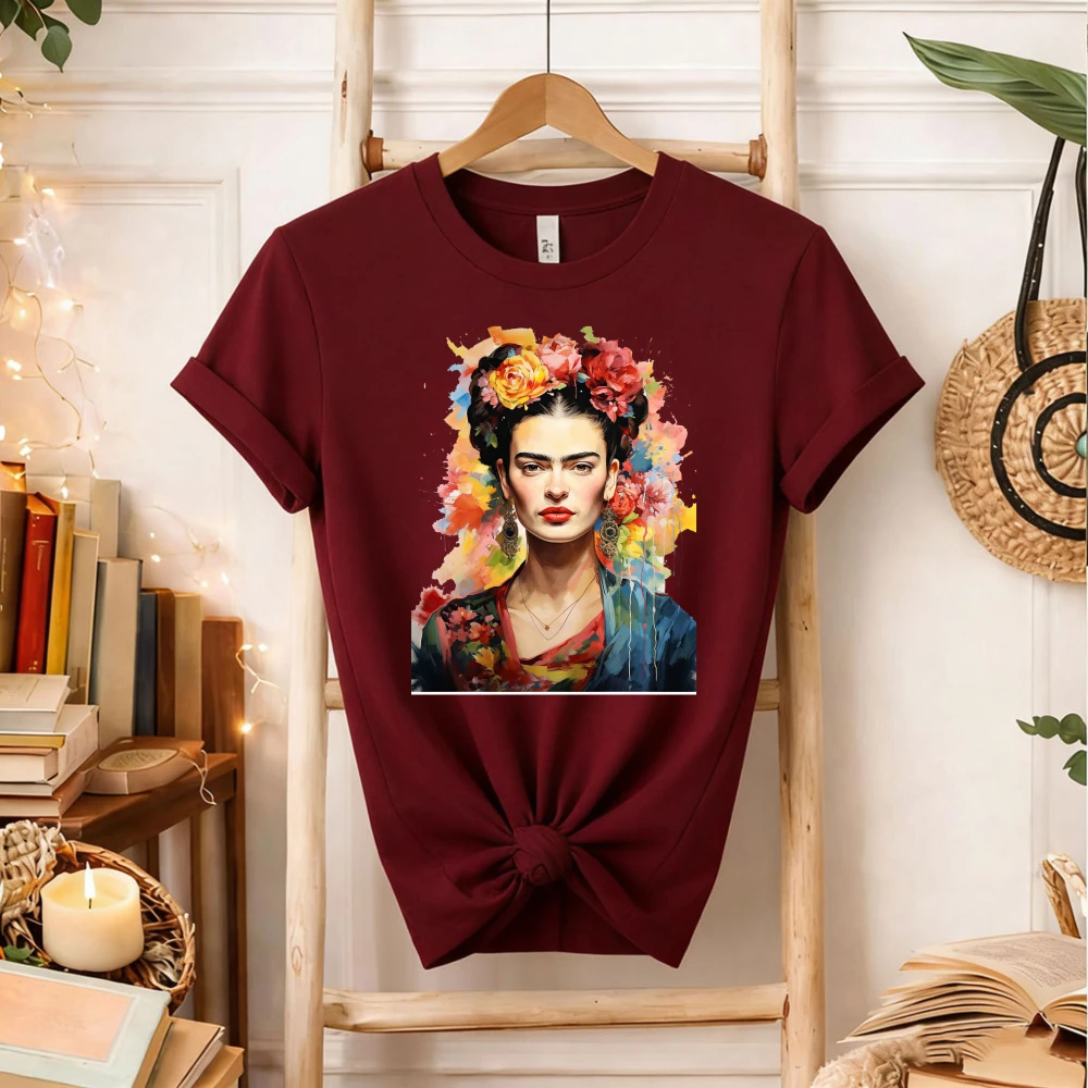 Camiseta Frida Kahlo con Estampado Floral en Acuarela, Camiseta Vintage de Artista Mexicana, Regalo para Amantes del Arte Bohemio y Feminista, Tops de Algodón