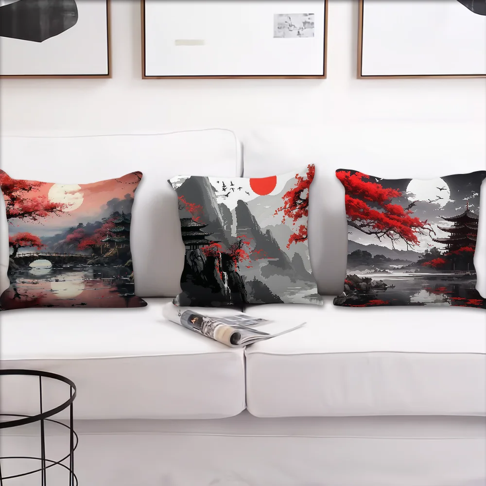 Japanese Building landscape red cushion cover For Pillow Printing Sofa Decoration Home Room Coffee Shop Office Nordic Simplicity