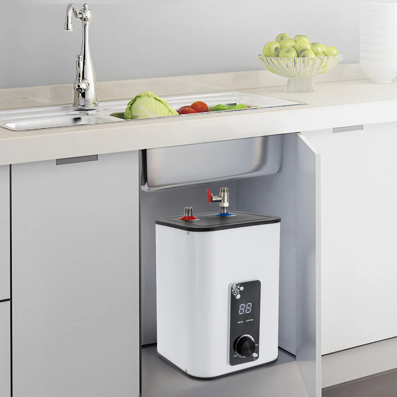 Elektrischer Warmwasserbereiter mit 8 l Fassungsvermögen, schnelles Aufheizen, Energieeinsparung und mehreren Sicherheitsfunktionen für Küche, Badezimmer und Wohnmobile