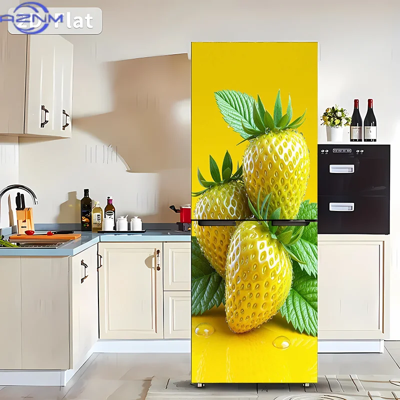 1pcs Yellow Strawberry Fridge Stickers - Self-Adhesive Removable Refrigerator Door Wallpaper Decals for Freezer, Cabinet, Ward