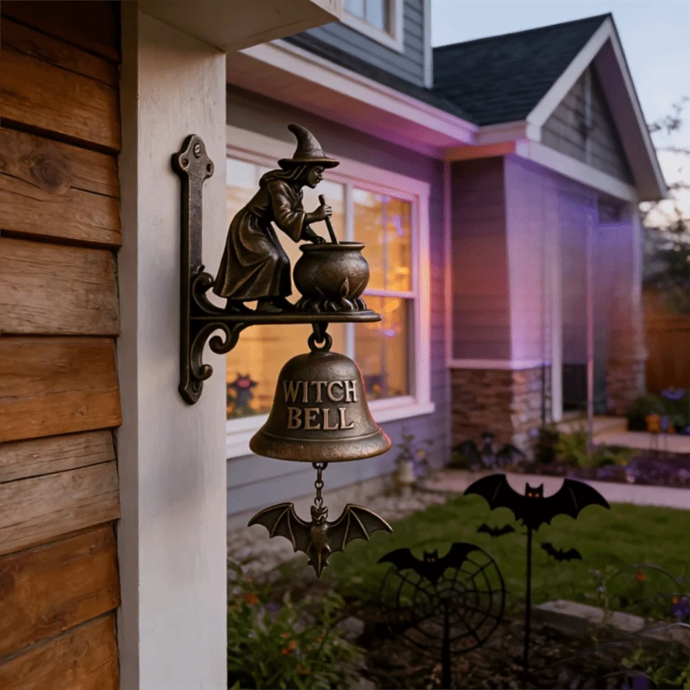 Vintage Halloween Witch Doorbell Alloy Wall-mounted Witch Hanging Ornament Sounding Copper-colored Halloween Door Hanger Gift