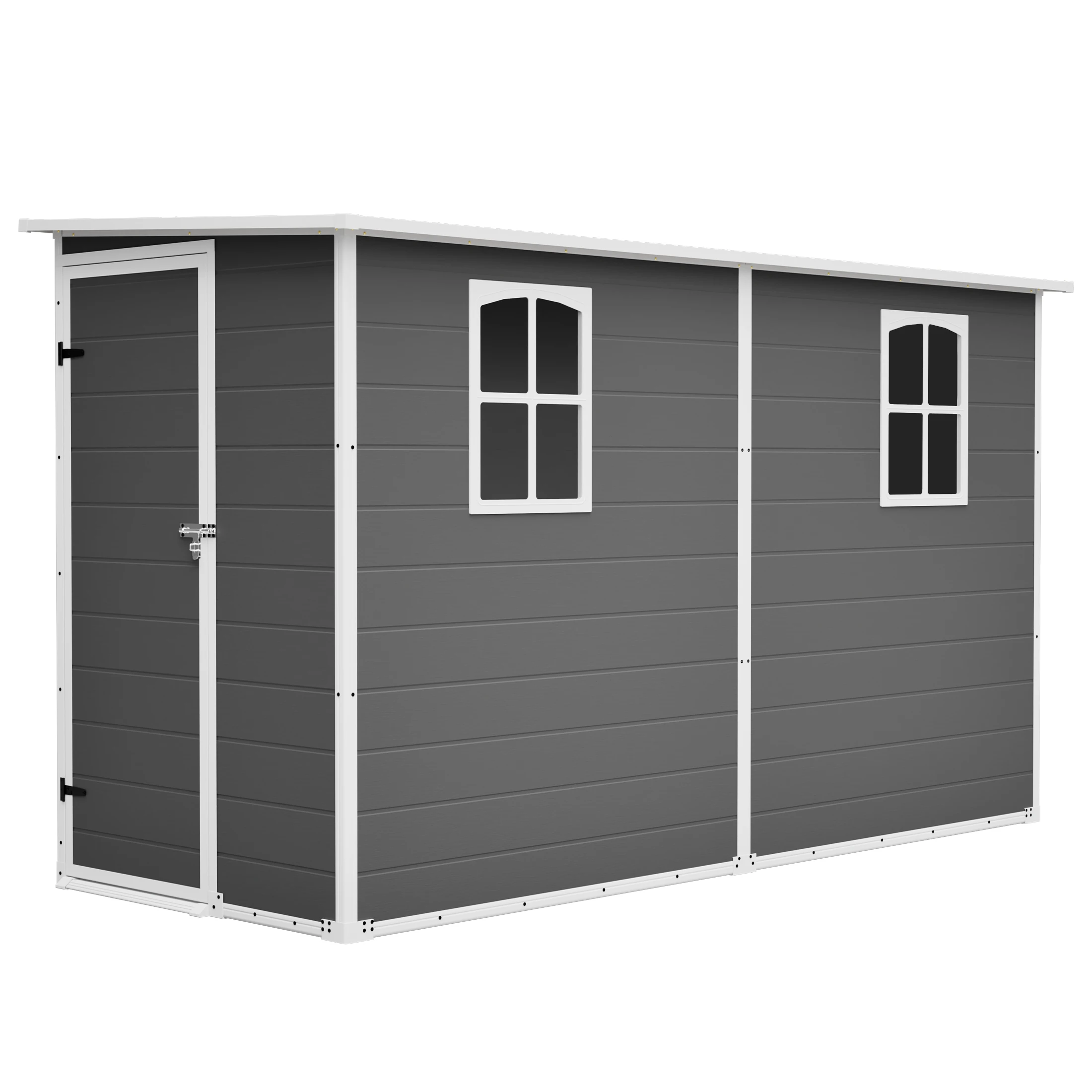 4x10 FT Gray Plastic Outdoor Storage Shed Metal Roof Two Clear Windows for Bicycles Trash Bins Patio Garden Backyard