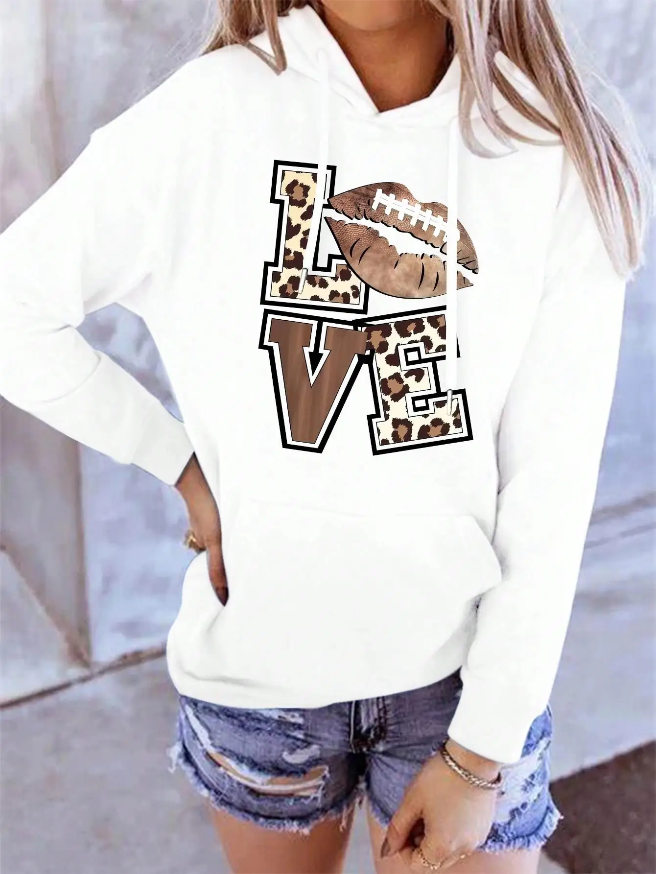 Leopard Lip Love Letter Graphic Print Hooded Woman Fashion Casual Hoodies Simple Loose Hoody Autumn Street Fleece Clothes