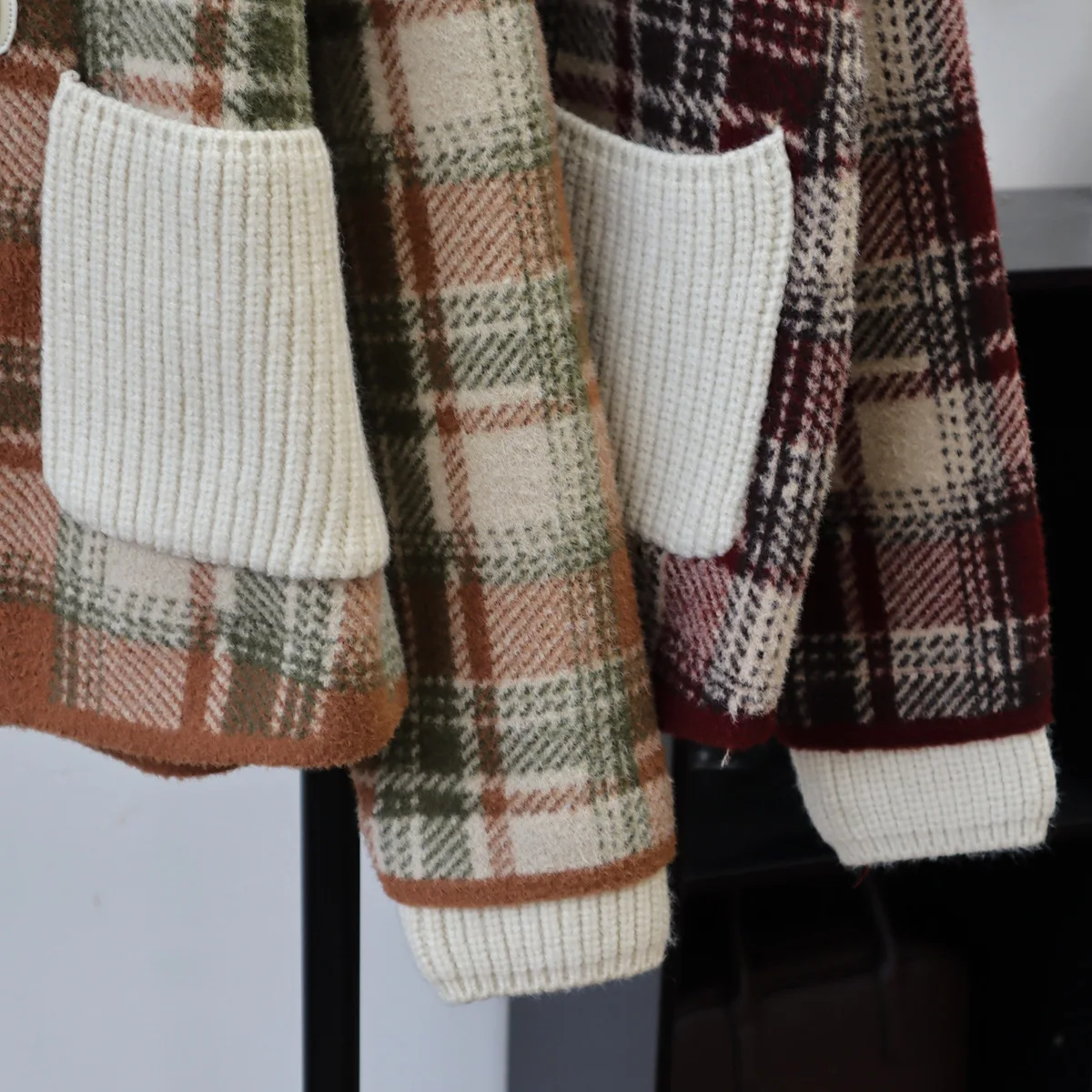 Cardigan Women Coats Sweaters Plaid Turn Down Collar Wool Coat Y2k Streetwear Elegant Splice Knit Open Stith Autumn Winter