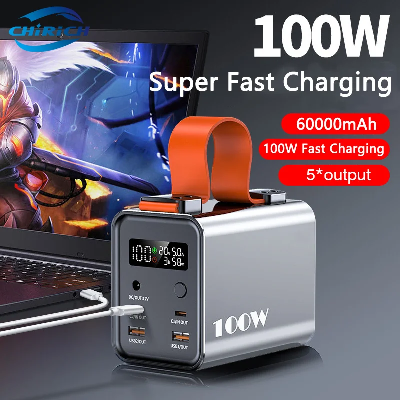 Laptop Power Bank 60000mAh 100W Super Fast Charging External Spare Battery Large Capacity Power Bank Station For iPhone Xiaomi