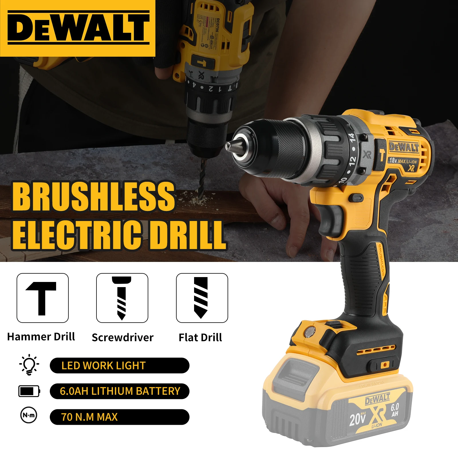

DEWALT 70NM DCD796 13mm Brushless Electric Drill Portable Screwdriver Impact Drill Rechargeable 20V Lithium Battery Power Tool