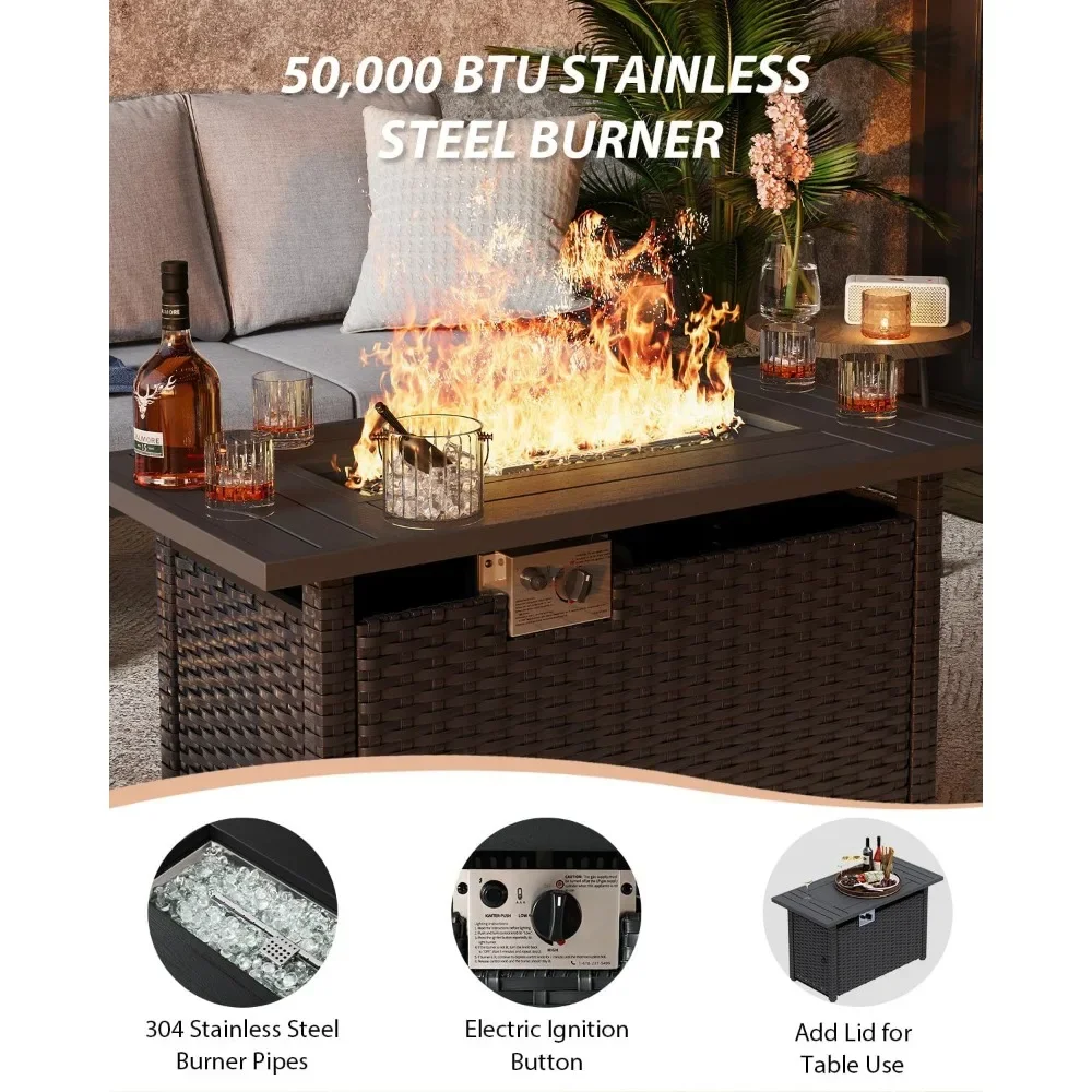 Juego de muebles de aluminio para patio al aire libre, sofá seccional para exteriores de 8 piezas con mesa para fogones de gas propano de 44 pulgadas con tapizado