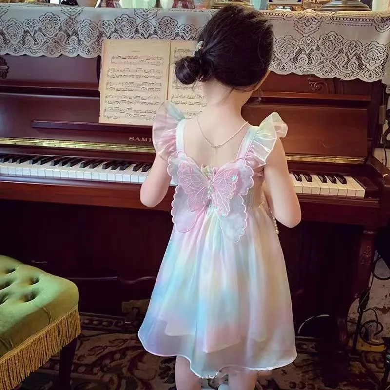 Vestido de tirantes para niña, decoración de mariposa, tul degradado, Princesa, fiesta de cumpleaños, boda